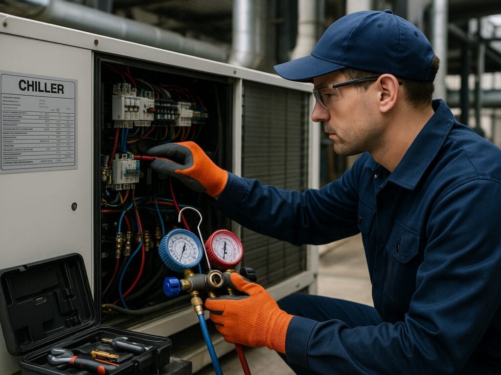 Instalacja chłodzenia wodą lodową w zakładzie przemysłowym.