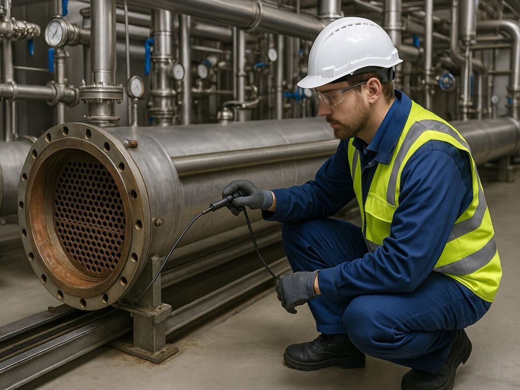 Pracownik w hełmie i odblaskowej kamizelce sprawdza instalację chłodniczą w zakładzie przemysłowym.