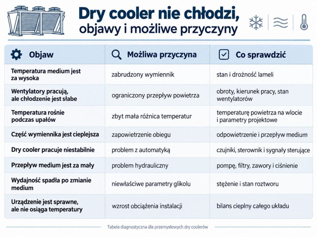 Dry cooler nie chłodzi, objawy, możliwe przyczyny i diagnostyka urządzenia.