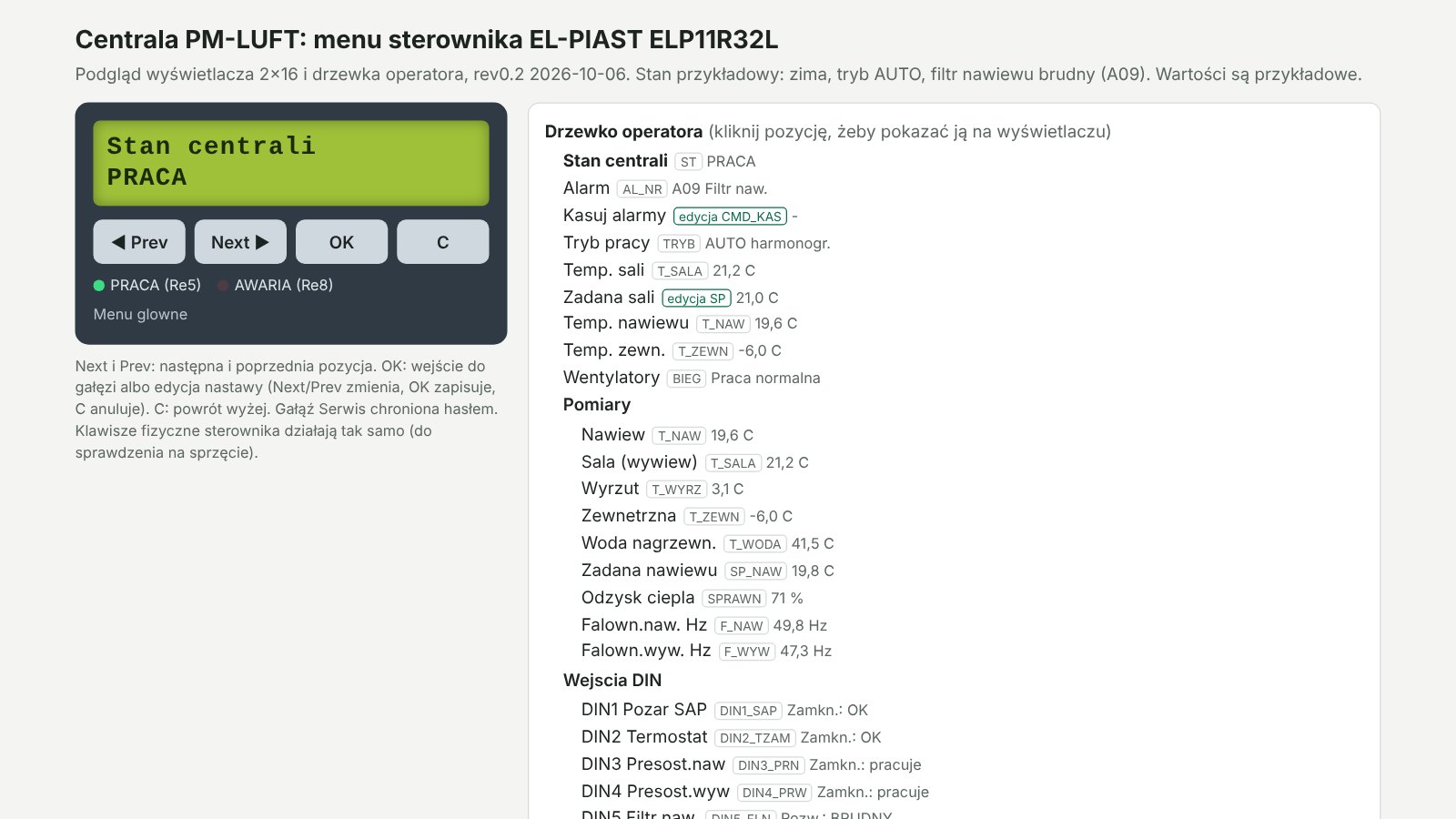 Symulator menu sterownika EL-PIAST z wyświetlaczem 2x16 i drzewkiem operatora po polsku