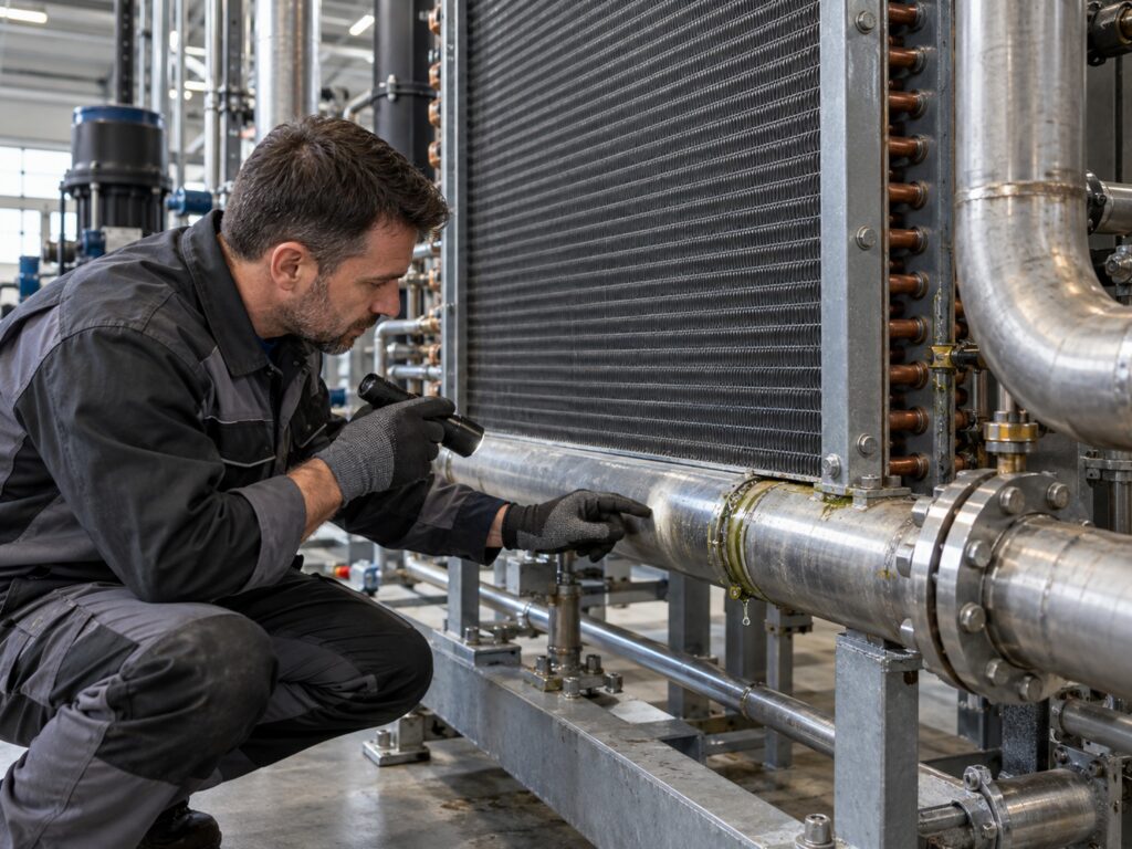 Technik sprawdza nieszczelną chłodnicę przemysłową.