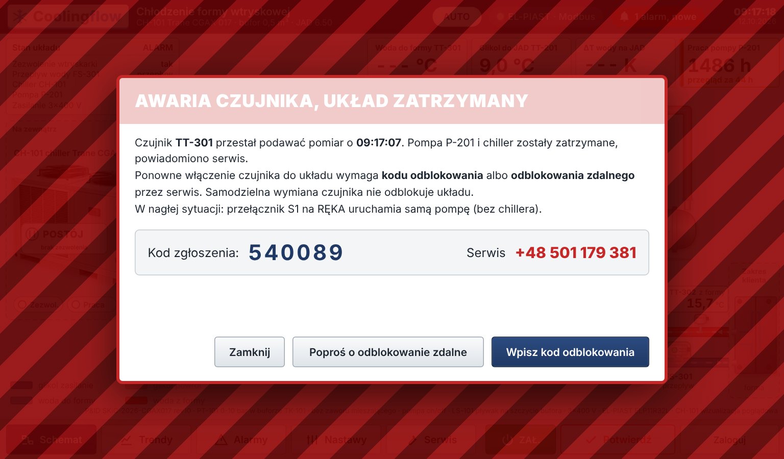 Blokada układu chłodzenia po awarii czujnika temperatury z kodem zgłoszenia dla serwisu